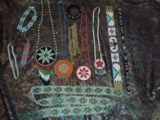   American BEADED Medallion Necklace Leather LOT Jewelry Glass  