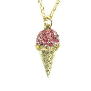 Ice Cream Cone Necklace Pink Crystal Gold Summer Charm Retro Vintage 