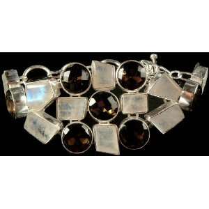 Faceted Rainbow Moonstone and Smoky Quartz Bracelet   Sterling Silver