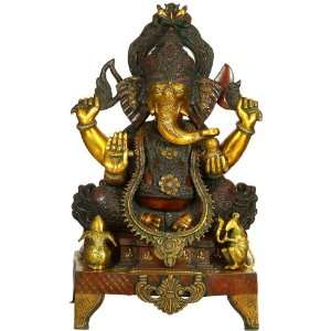    Lord Ganesha Seated on a Pedestal   Brass Sculpture