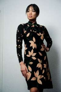   70s designer LESLIE FAY knit DRESS retro ASIAN INSPIRED leaves  