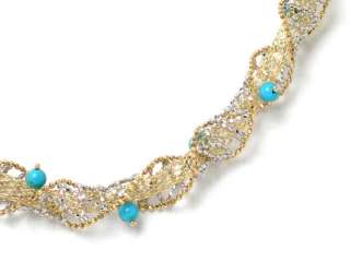 STRIKING VINTAGE 14k TWO TONE GOLD & TURQUOISE MESHED NECKLACE