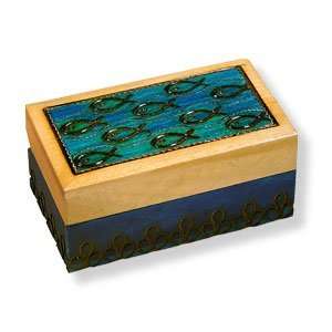 Wooden Box, 5017, Traditional Polish Keepsake Box, Turquoise with Fish 