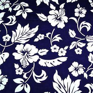   Hawaiian Print Cotton Fabric Navy Blue & White Hibiscus, Per FQ  