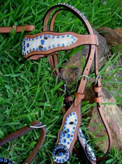 HORSE BRIDLE BREAST COLLAR WESTERN LEATHER HEADSTALL BLUE HAIR ON TACK 
