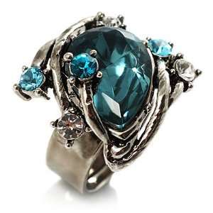    Vintage Pear Cut Crystal Cocktail Ring (Teal&Clear) Jewelry