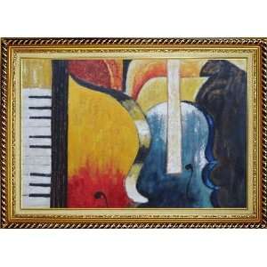 Piano, Cello, and Music Symbol Oil Painting, with Linen Liner Gold 