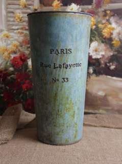 Shabby Cottage Chic Paris Tin Verdigris Bucket Vase  