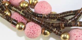   Multi Strand Heishi Bead Pink Sponge Coral Torsade Style Necklace