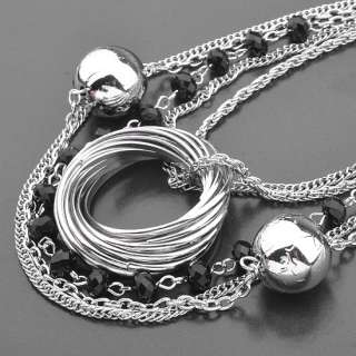 Silver tone Necklace,Beads Multi Rows Strand Rings Pendant Layered 18 
