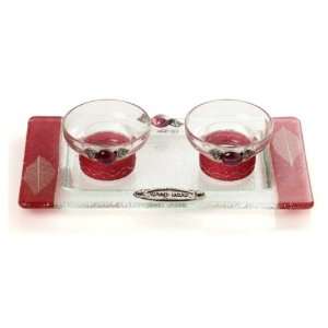  Short Glass Shabbat Candlesticks with Red Leaves and Tray 