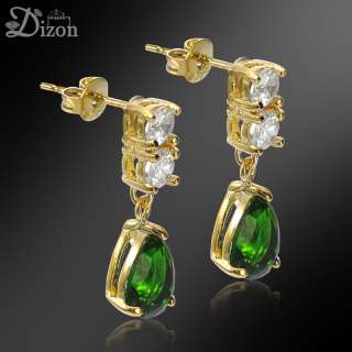Personalized Jewelry PEAR CUT GREEN EMERALD YELLOW GOLD PLATED STUD 
