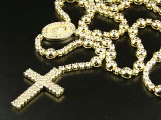 MENS ROSARY YELLOW GOLD FINISH CHAIN SIMULATED DIAMOND NECKLACE 34+8 