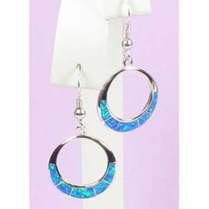   Silver Inlay Created BLUE CIRCLE OPAL Dangle Earring 