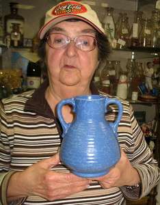 inch red wing rumrill blue handled vase / unusual spongeware glaze 