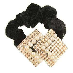   Gold Tone Faux Pearls Square Accent Black Elastic Hair Band Beauty
