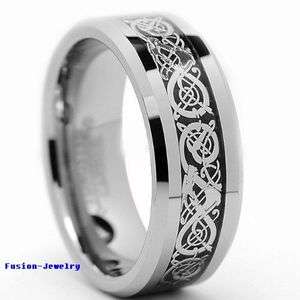 Tungsten Carbide Ring Celtic Silver Dragon Scroll Inlay Wedding Band 