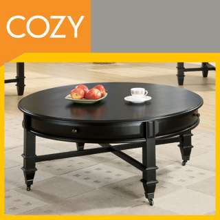 Modern Black Round Coffee Table with Casters & Drawers  