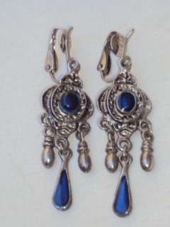 Vintage Silver Dark Blue Enamel Dangle Clip On Earrings  
