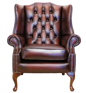   Mallory High Back Queen Anne Wing Chair Antique Oxblood Leather  