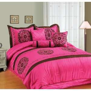  7Pcs Pink Flocking Comforter Set Bed in a Bag King