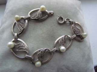   Antique Danecraft Sterling Silver Pearl Marcasite Bracelet  