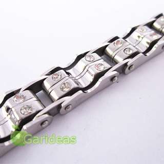 Mens All Silver Diamond Stainless Steel Charm Chain Bangle Bracelet 
