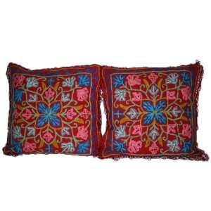 Dark Red Kashmir Floral Cotton Embroidered Decorative Accent Pillows 