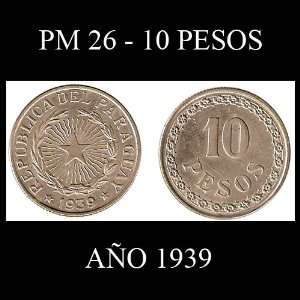 1939 Paraguay 10 Peso Coin    Extremely Fine Condition    One Year 