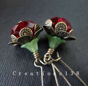 Red Glass Flower Bead Antique Brass Costume Earrings  