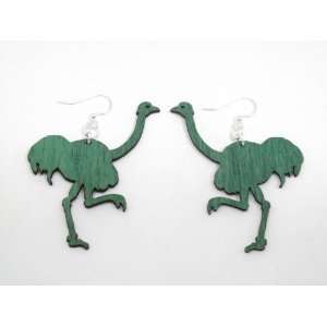  Kelly Green Ostrich Bird Wooden Earrings GTJ Jewelry