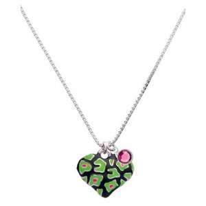  Lime Green Enamel Cheetah Print Heart Charm Necklace with 