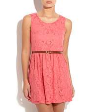 Coral (Orange) Cameo Coral Cream Belted Lace Dress  255329983  New 