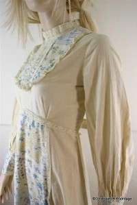 VTG cream blue bib muslin lace prairie dress S  