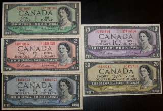 Very nice 1954 Bank of Canada QEII $1,2,5,10,20 Five pcs banknote lot 