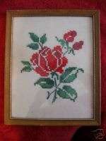 Lovely Old Hand Cross Stitch Framed Red Rose Picture  