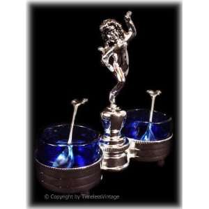 Victorian Silver & Cobalt Glass Cherub Open Salt Cellar  