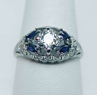   Platinum 1.5c Old European Diamond Sapphire Ring Estate Jewelry  