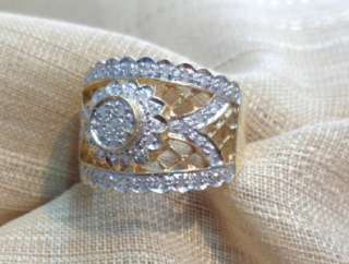 14k yellow gold wide .57ct diamond pave flower band size 7  