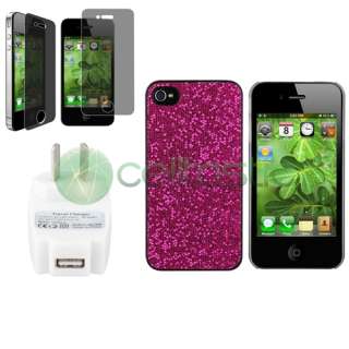 Pink Bling Case+Privacy Film+AC Charger For iPhone 4S 4 4G 4th 