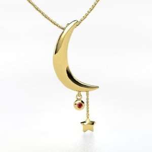    Moon and Star Pendant, 14K Yellow Gold Necklace with Ruby Jewelry