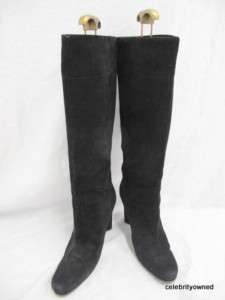 Prada Black Suede Pull On Knee High Heel Boots 37  