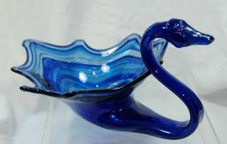 Blue Swirl Glass Swan Art Glass Vase Bowl  