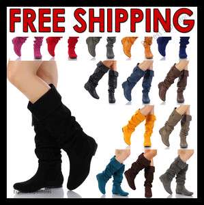   Knee High Slouch Flat Faux Suede Black Fashion Dress Boots Size  