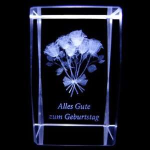 3D Laser Kristall Glasblock mit LED Beleuchtung   Blumenstrauss 