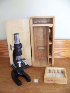Vintage COC microscope in wood case some accessories science tool set 