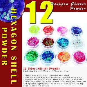12 Color Hexagon Strips 3D Nail Art Tips Glitter Powder #434  