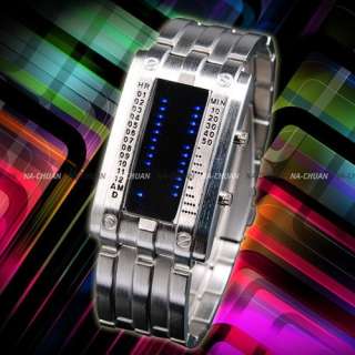 28 Blue LED Binary Digital Mirror Metal Men Sport Watch  