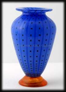 Blue Transjö Hytta Swedish Art Glass Vase Black Polka Dots Orange 