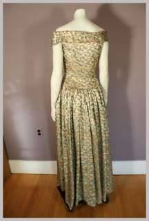 Vintage 50s 60s Pink Gold Blue Asian Silk Brocade Ball Gown Evening 